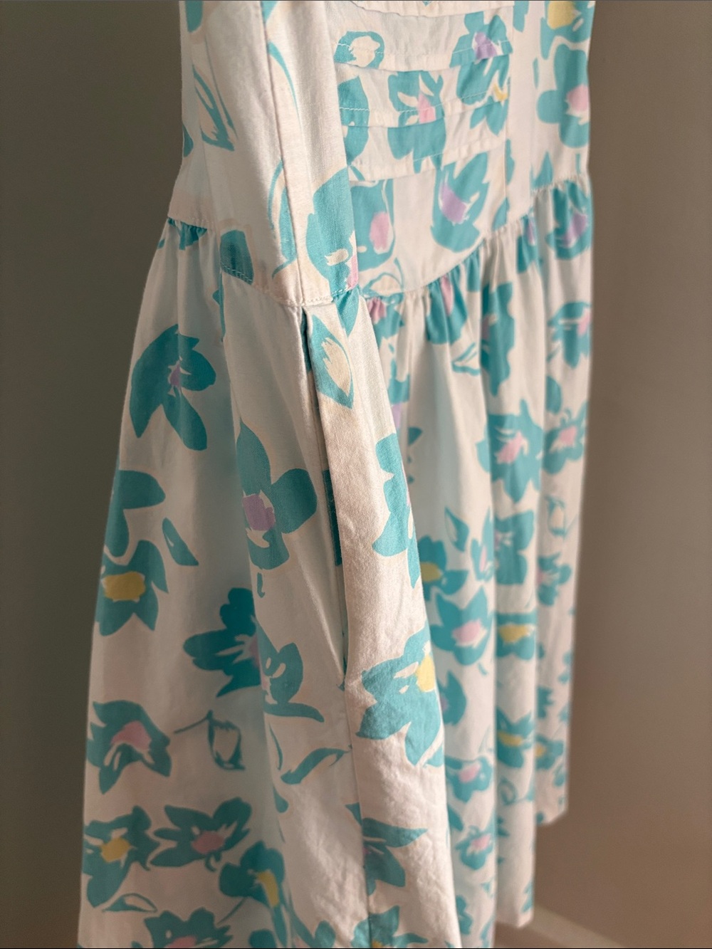 Vintage Prairie Midi Dress Light Gray w Blue Floral Accents Farmhouse Cottage M - Picture 5 of 6